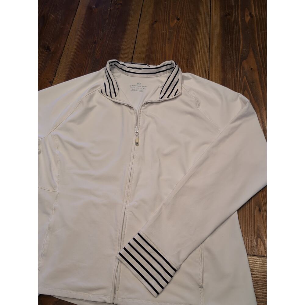 Southern Tide Women's Full Zip Jacket Size XL White With Navy Blue Stripes Cuffs